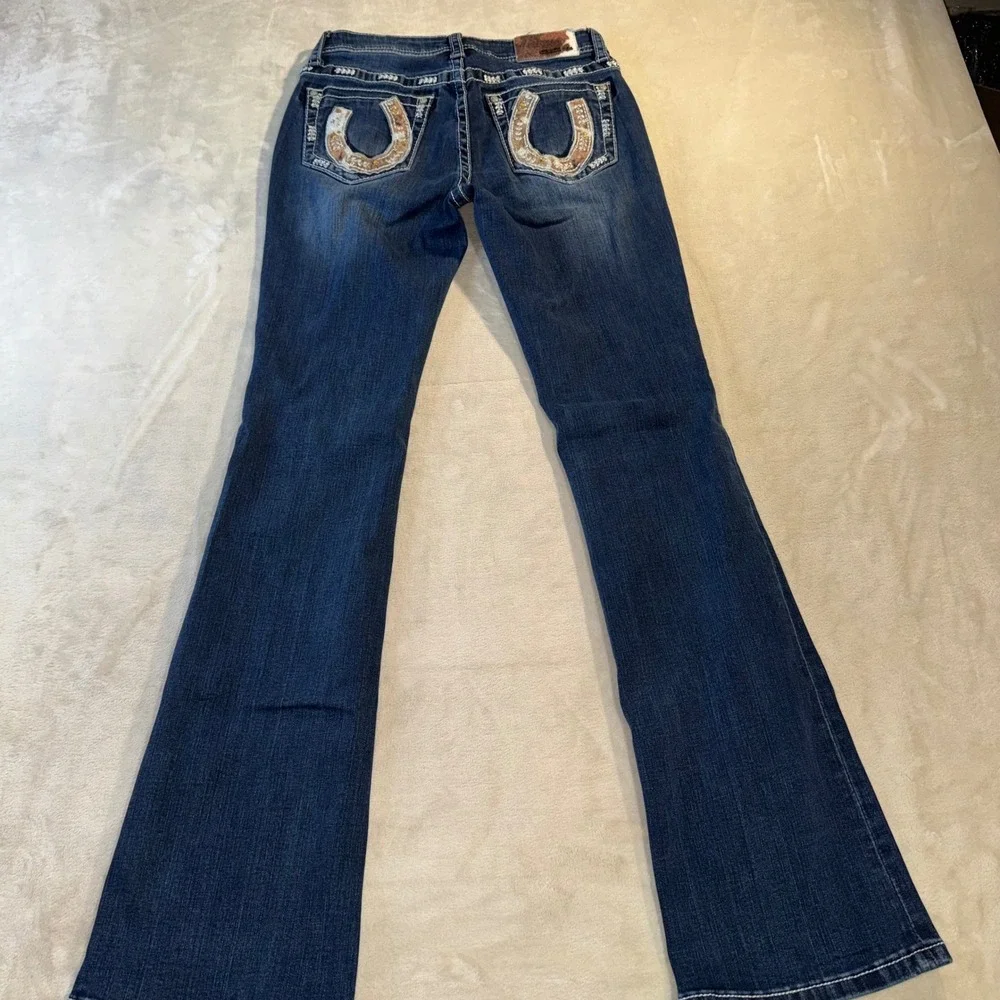 Grace in LA Womens Bootcut Jeans Dark Wash Horseshoe Embellished Size 28 Bling